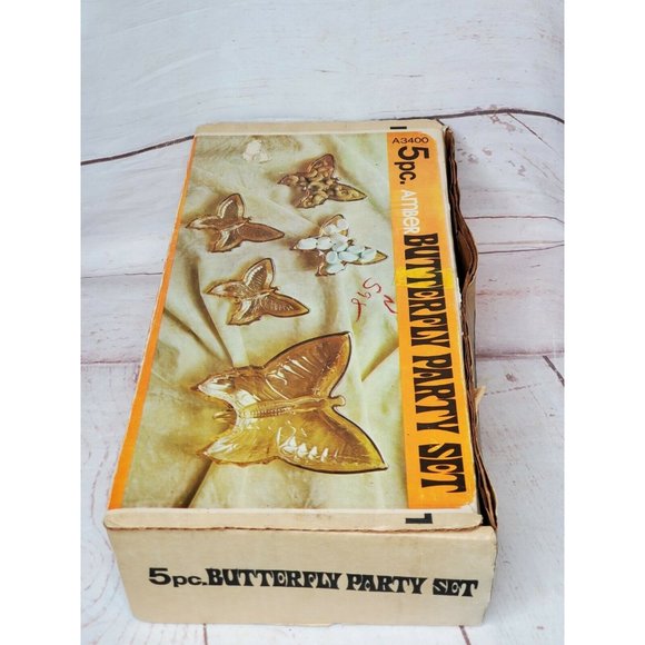 Rare Amber 5 Piece Vintage Brown Glass Butterfly Home Décor Candy Nut Dish Set - Picture 9 of 9